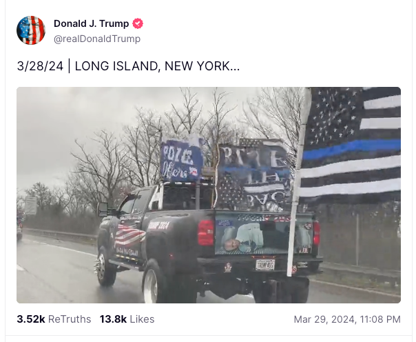 Donald Trump’s post on Truth Social where a video is seen with an image of president Joe Biden hogtied at the back of a Maga truck