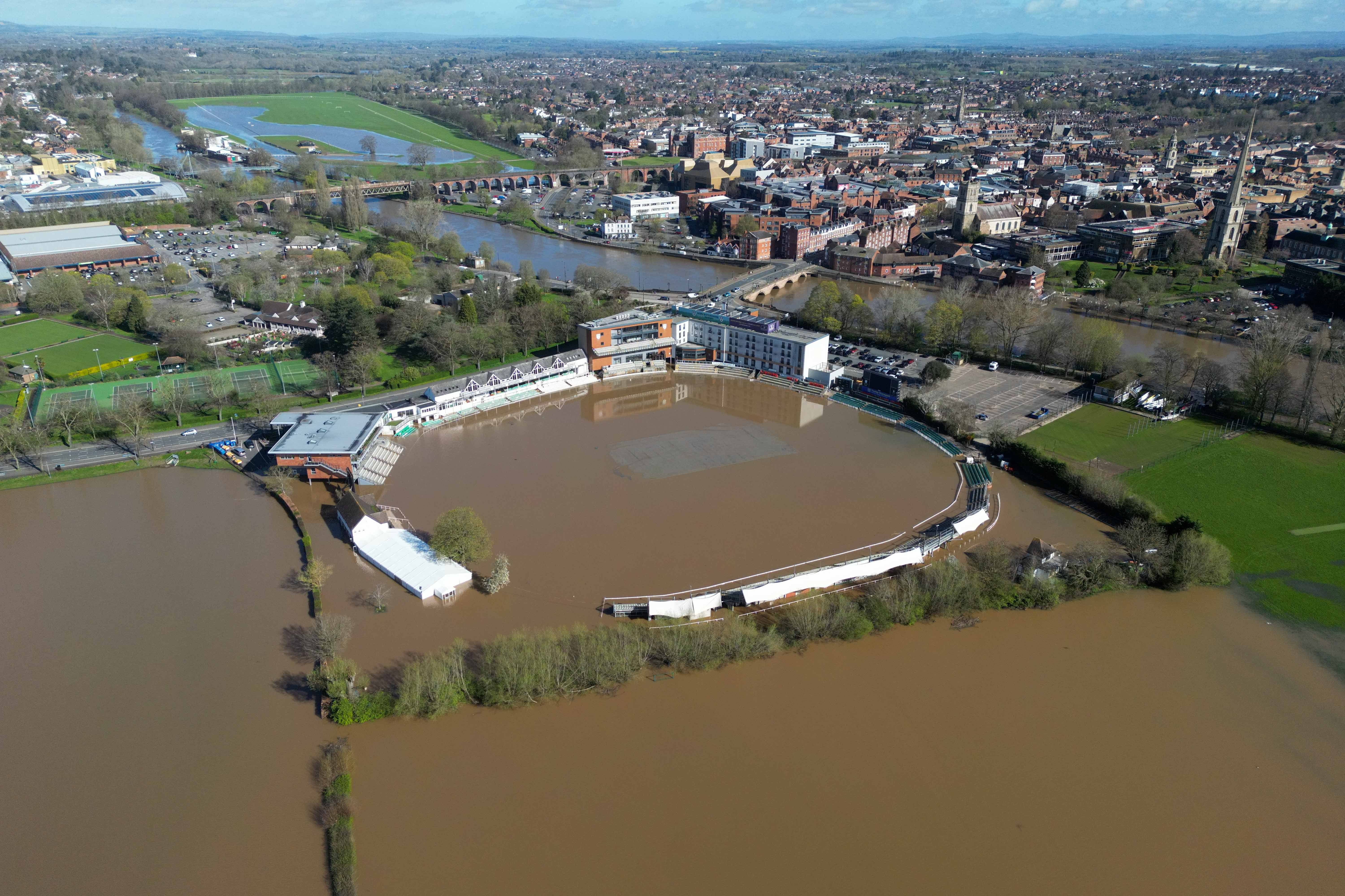 An aerial view shows a flooded New Road Cricket Club, home of Worcestershire CCC, in Worcester