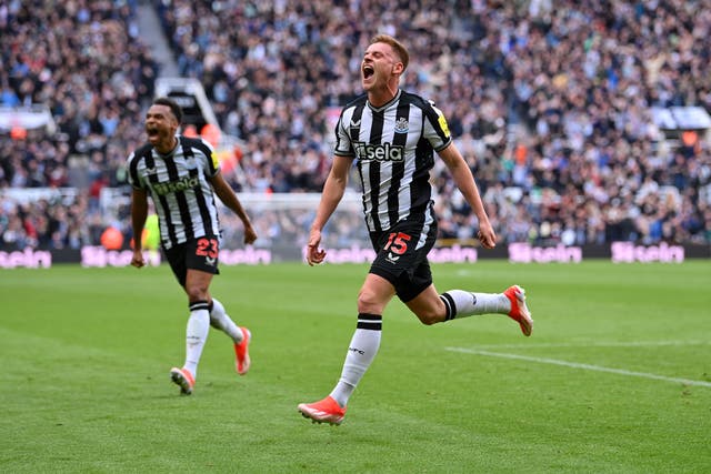 <p>Harvey Barnes celebrates after scoring Newcastle’s winning goal</p>