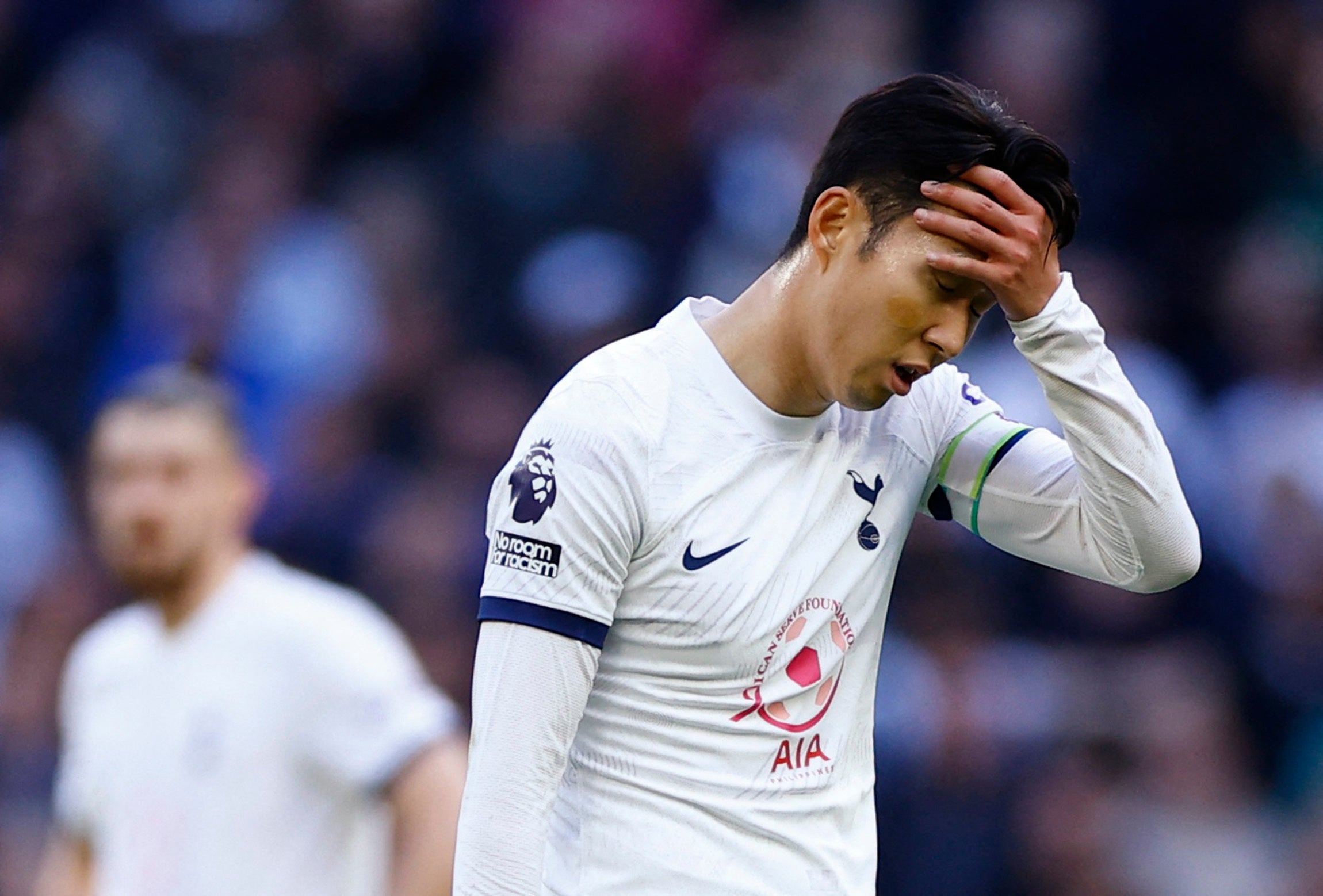Son Heung-min reacts after a huge missed chance in the first half