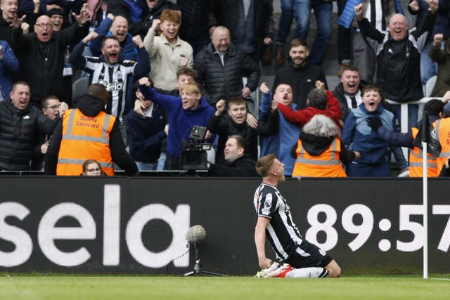 Newcastle’s Harvey Barnes celebrates his winning goal against West Ham (Richard Sellers/PA)