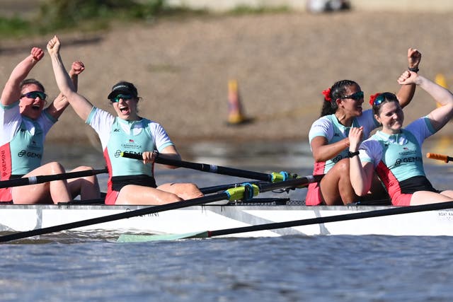 <p>Cambridge University women celebrate a seventh straight Boat Race win </p>