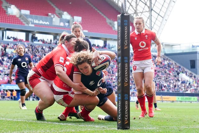 England’s Ellie Kildunne touches down in the win over Wales (David Davies/PA).