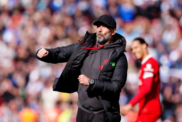 Liverpool manager Jurgen Klopp celebrates his side’s win (Peter Byrne/PA).