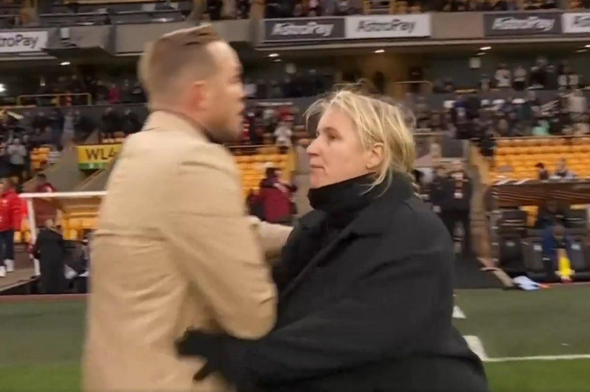 Emma Hayes angrily pushes Arsenal boss Jonas Eidevall after Women’s League Cup final loss