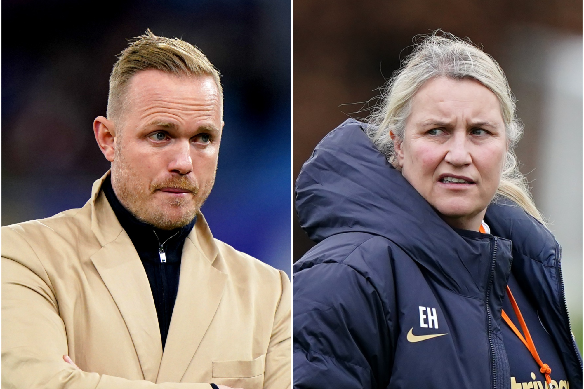 Arsenal manager Jonas Eidevall (left) has been accused of ‘unacceptable’ behaviour by Chelsea counterpart Emma Hayes