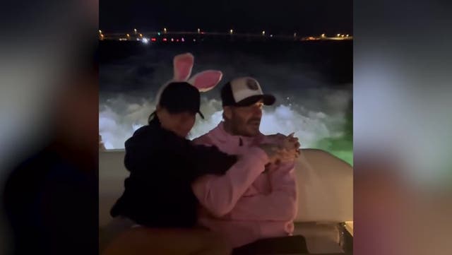<p>David and Victoria Beckham celebrate Easter on speedboat in Miami in loved-up clip.</p>