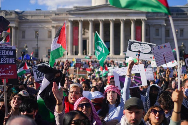 <p>People taking part in Stop the Genocide in Gaza national demonstration in Trafalgar Square, central London</p>