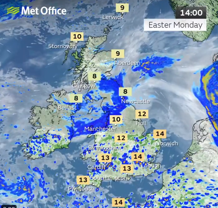 Rain pushes northwards towards southern Scotland through the afternoon