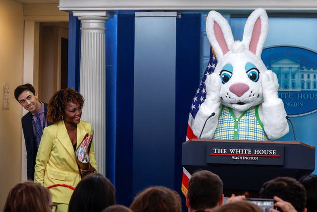 <p>Press Secretary Karine Jean-Pierre enters the briefing room at the White House during a guest appearance by the Easter bunny in Washington, U.S., April, 1, 2024. REUTERS/Evelyn Hockstein</p>