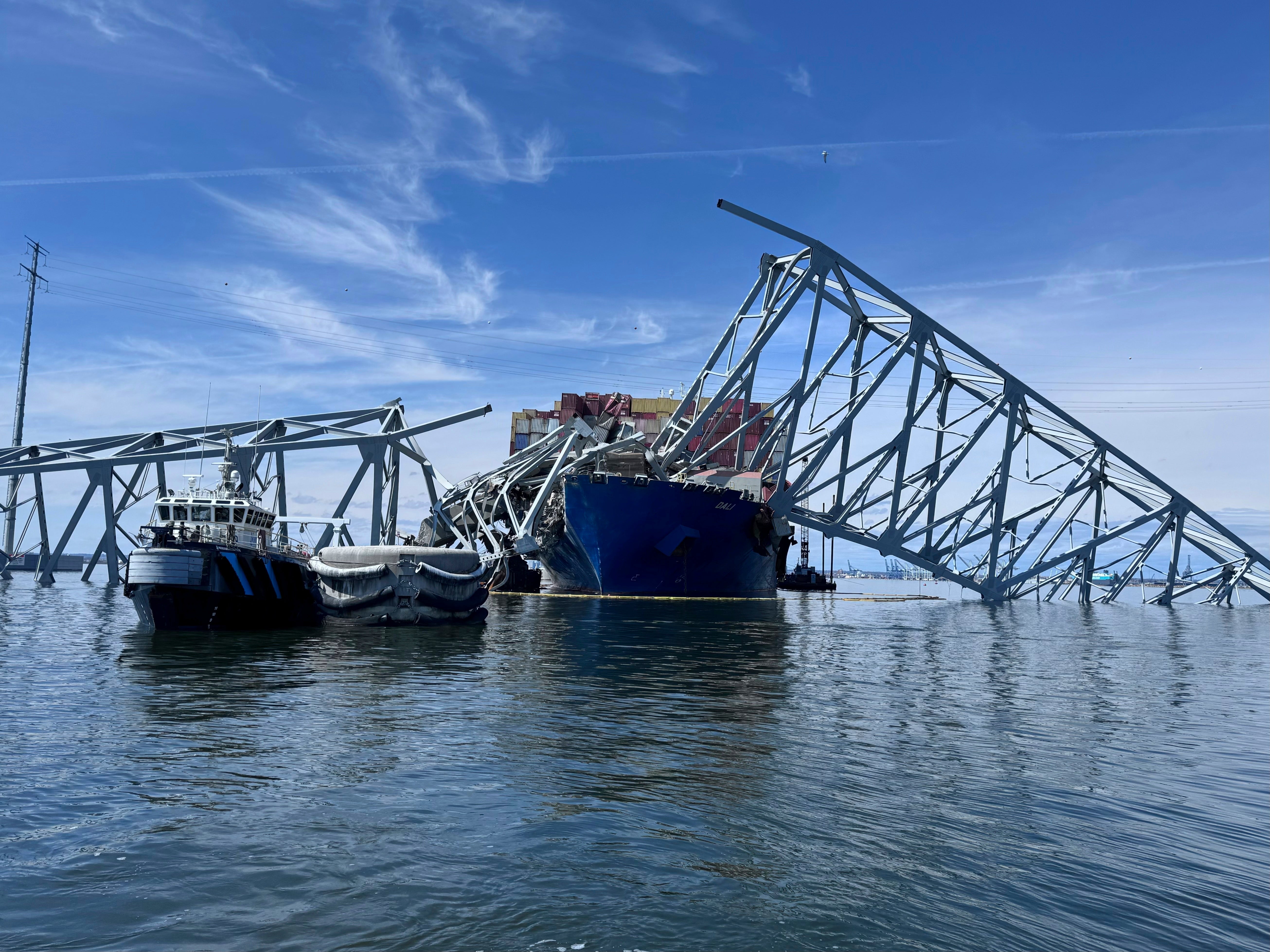 The fallen Francis Scott Key Bridge in Baltimore is pictured Sunday, March 31, 2024