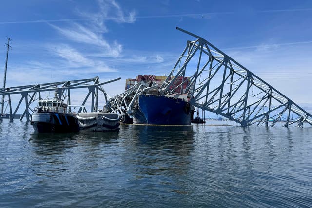 <p>The fallen Francis Scott Key Bridge in Baltimore is pictured Sunday, March 31, 2024</p>
