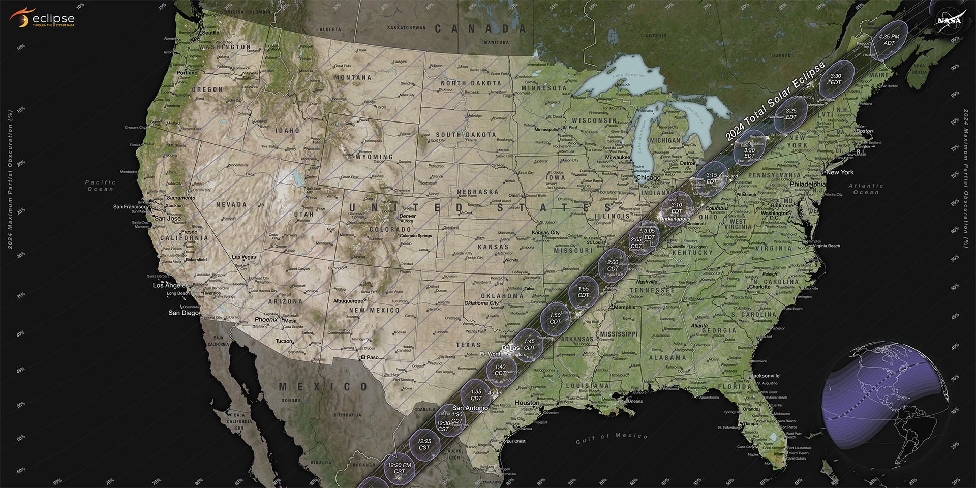 People along the path of totality stretching from Texas to Maine will have the chance to see a total solar eclipse; outside this path, a partial solar eclipse will be visible.