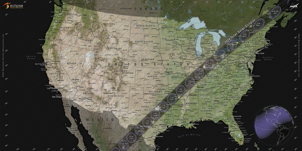 كسوف الشمس 2024: خريطة ناسا تظهر المسار الكامل