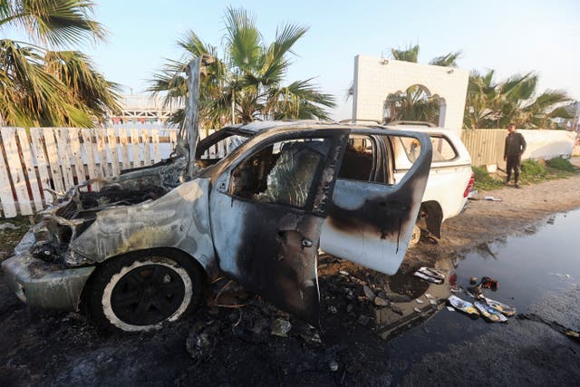 <p>The remains of the vehicle in which employees from World Central Kitchen, including foreigners, were killed in Monday’s Israeli airstrike in Deir al-Balah in the central Gaza Strip </p>