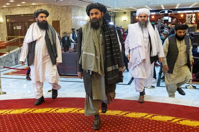 <p>Taliban co-founder Mullah Abdul Ghani Baradar and other members of the Taliban delegation attend a conference in Moscow in 2021</p>