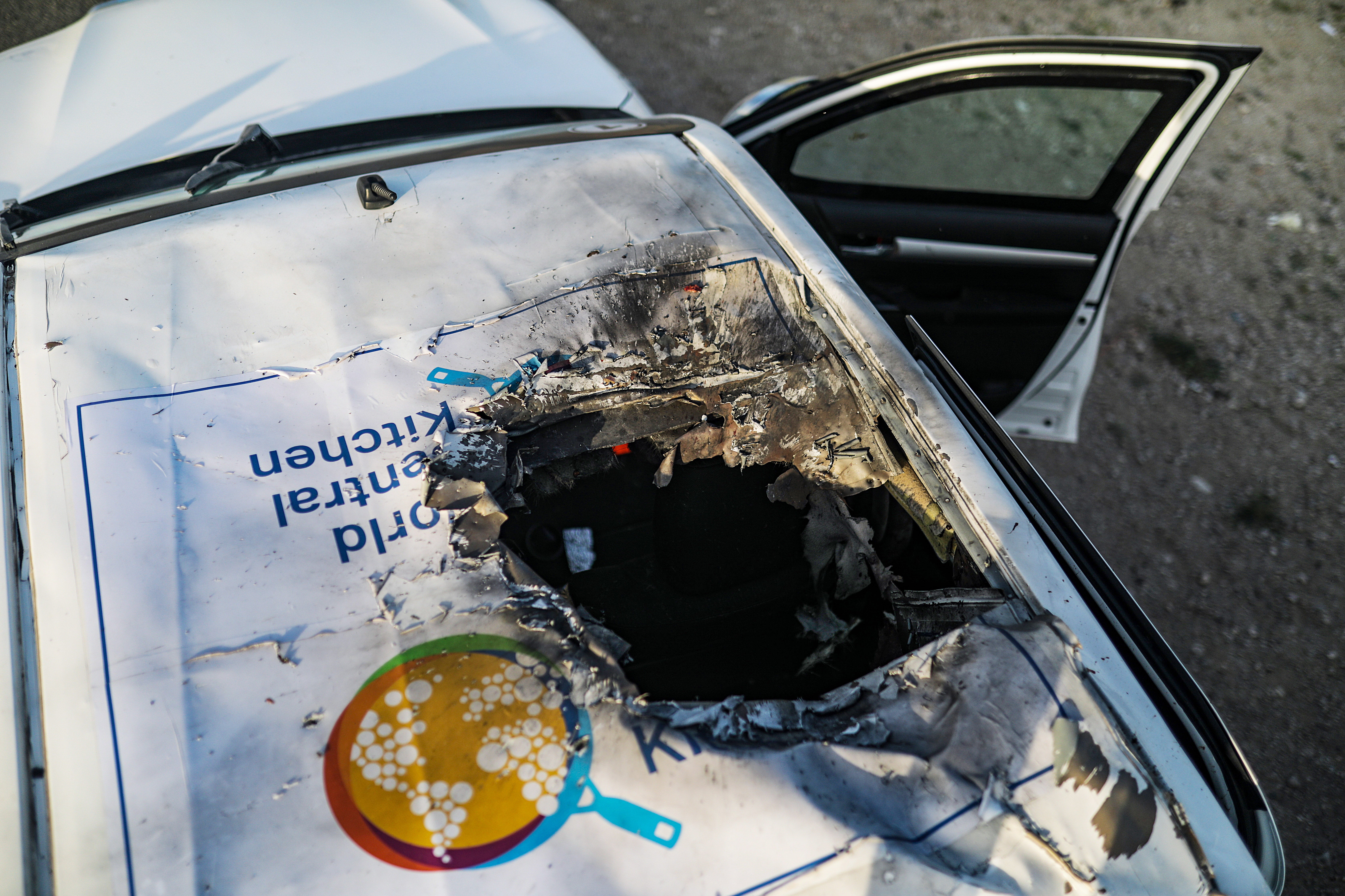 This car, bearing the World Central Kitchen logo, was targeted by an Israeli airstrike, the aid organisation said.