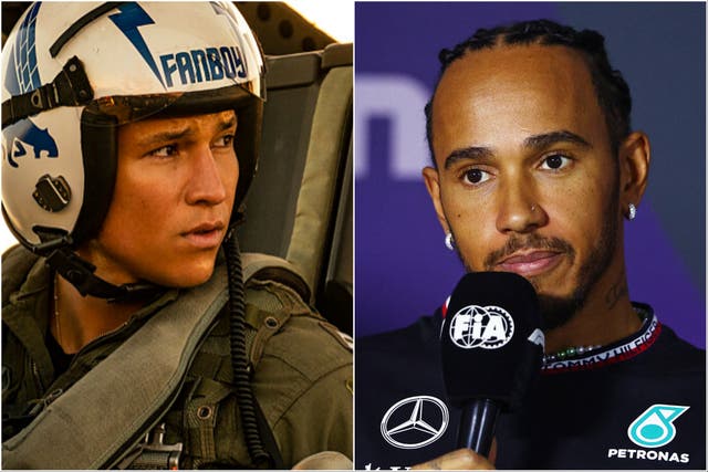 <p>Danny Ramirez in ‘Top Gun: Maverick’ (left) and Lewis Hamilton</p>