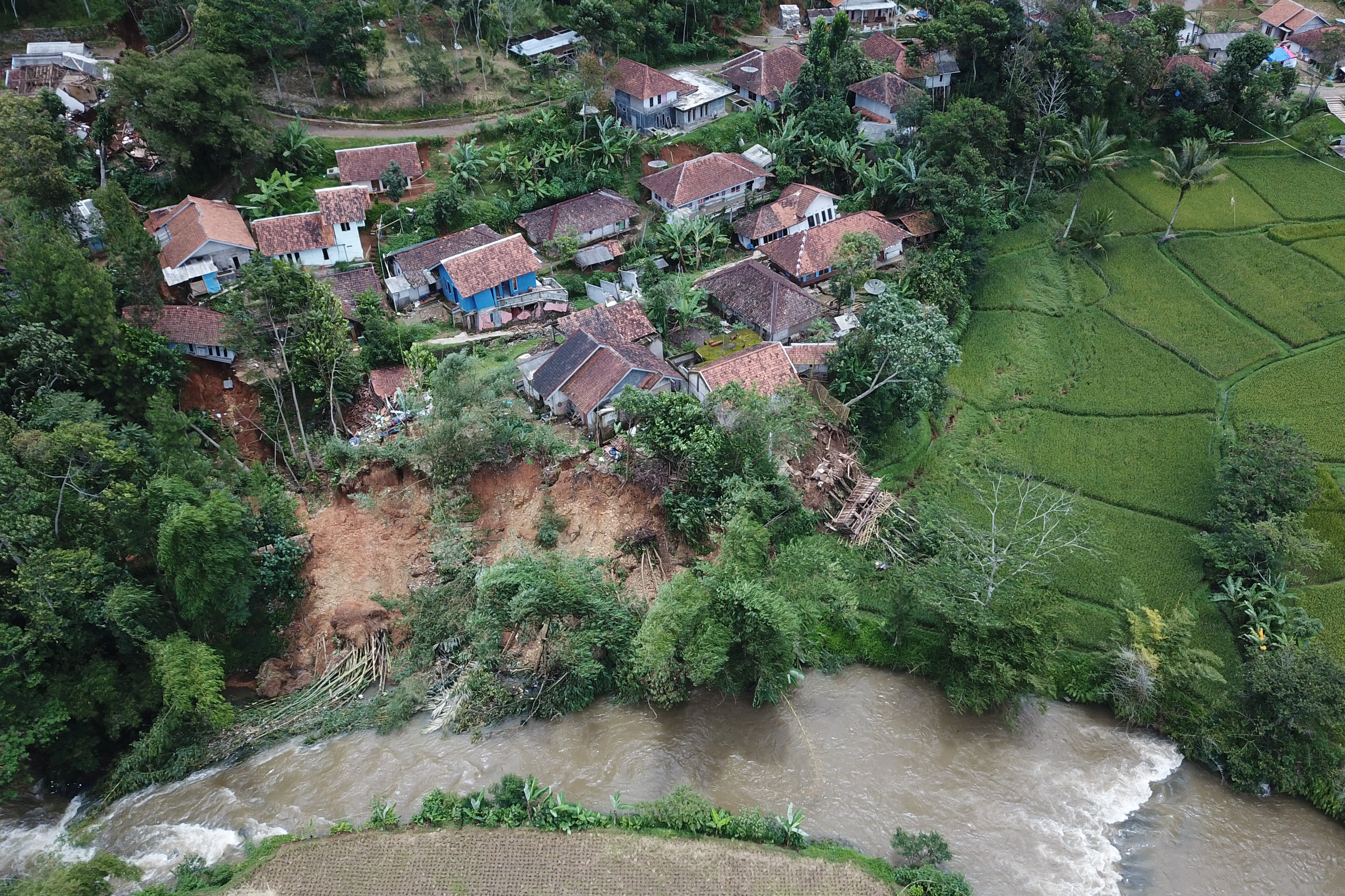 An aerial view of houses that were destoryed by a landslide after heavy rains in Bandung, West Java, on March 4, 2024