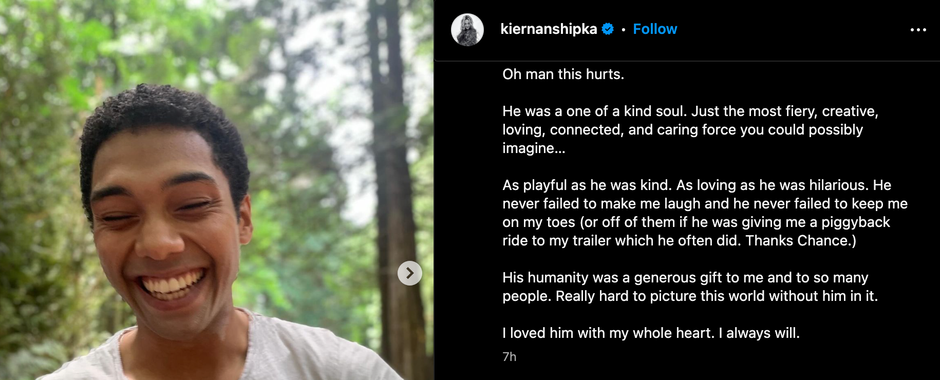 Kiernan Shipka pays tribute to Chance Perdomo