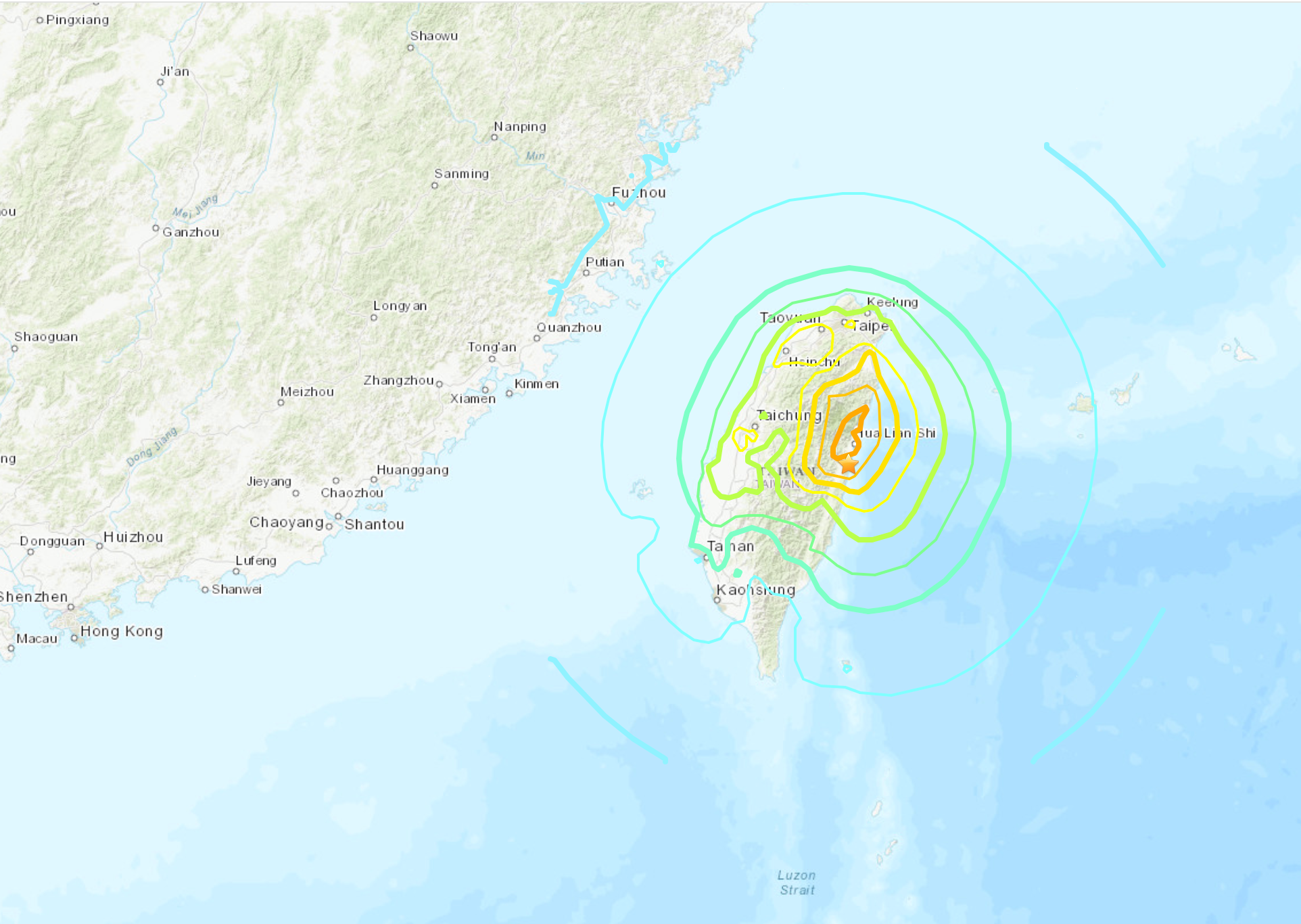 Map provided by the US Geological Survey shows how the earthquake was felt on mainland China, and strongly impacted the capital Taipei to the north of Taiwan island