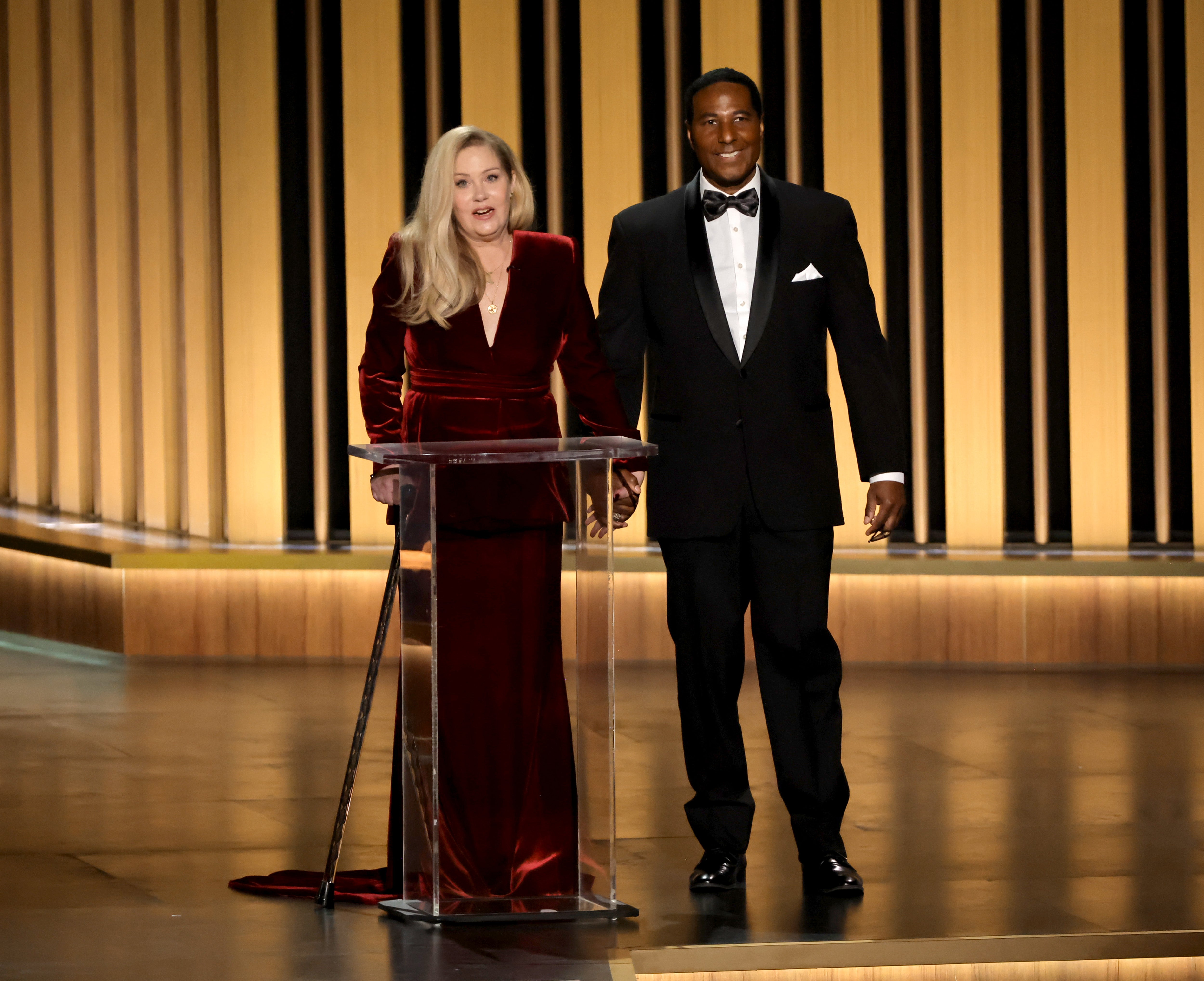 Christina Applegate (L) speaks speaks onstage during the 75th Primetime Emmy Awards