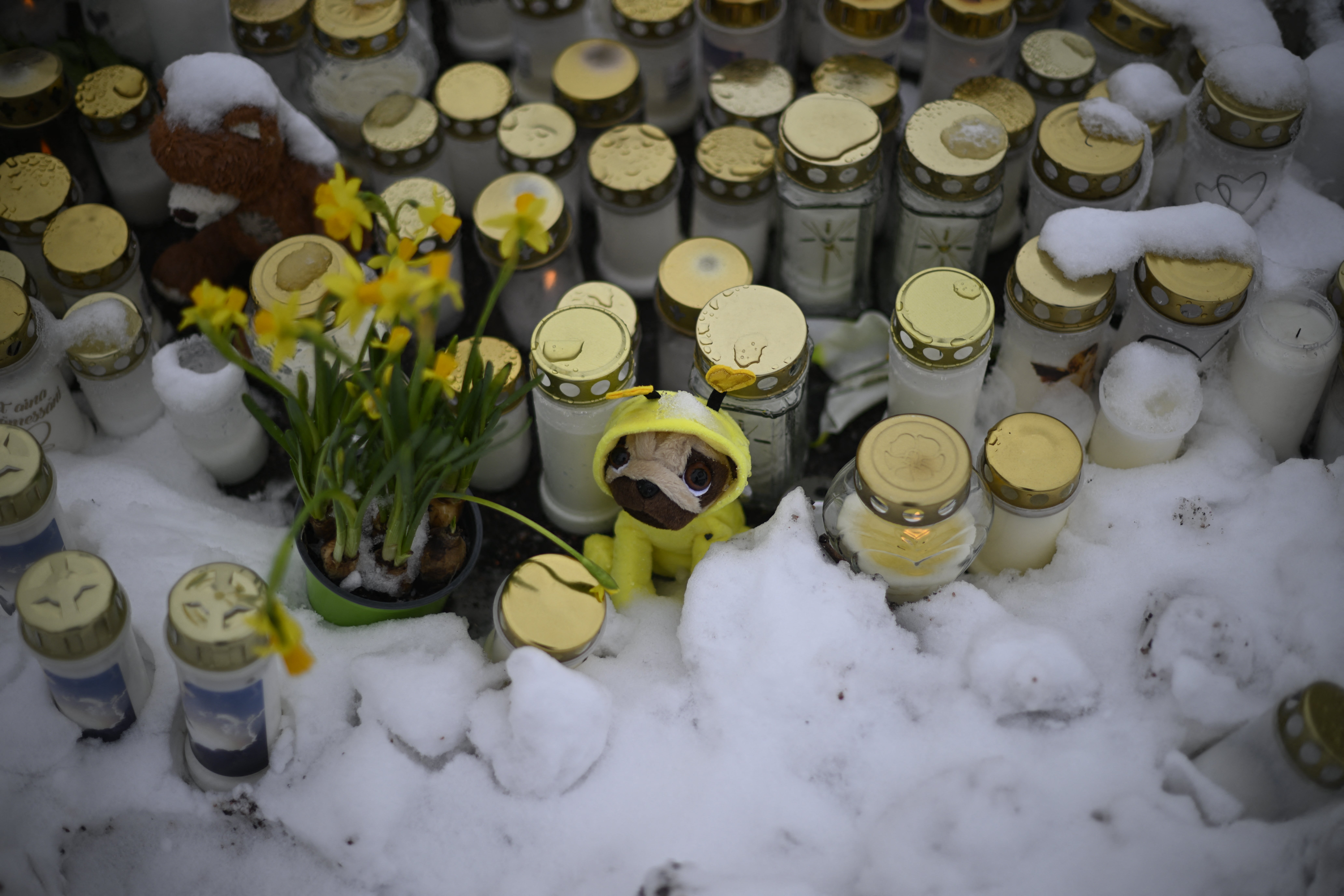 Candles and flowers are placed in front of the Viertola School to pay tribute to the shooting victims in Vantaa