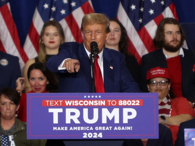 <p>Former US president and 2024 presidential hopeful Donald Trump speaks during a campaign rally at the Hyatt Regency in Green Bay, Wisconsin, on 2 April 2024</p>