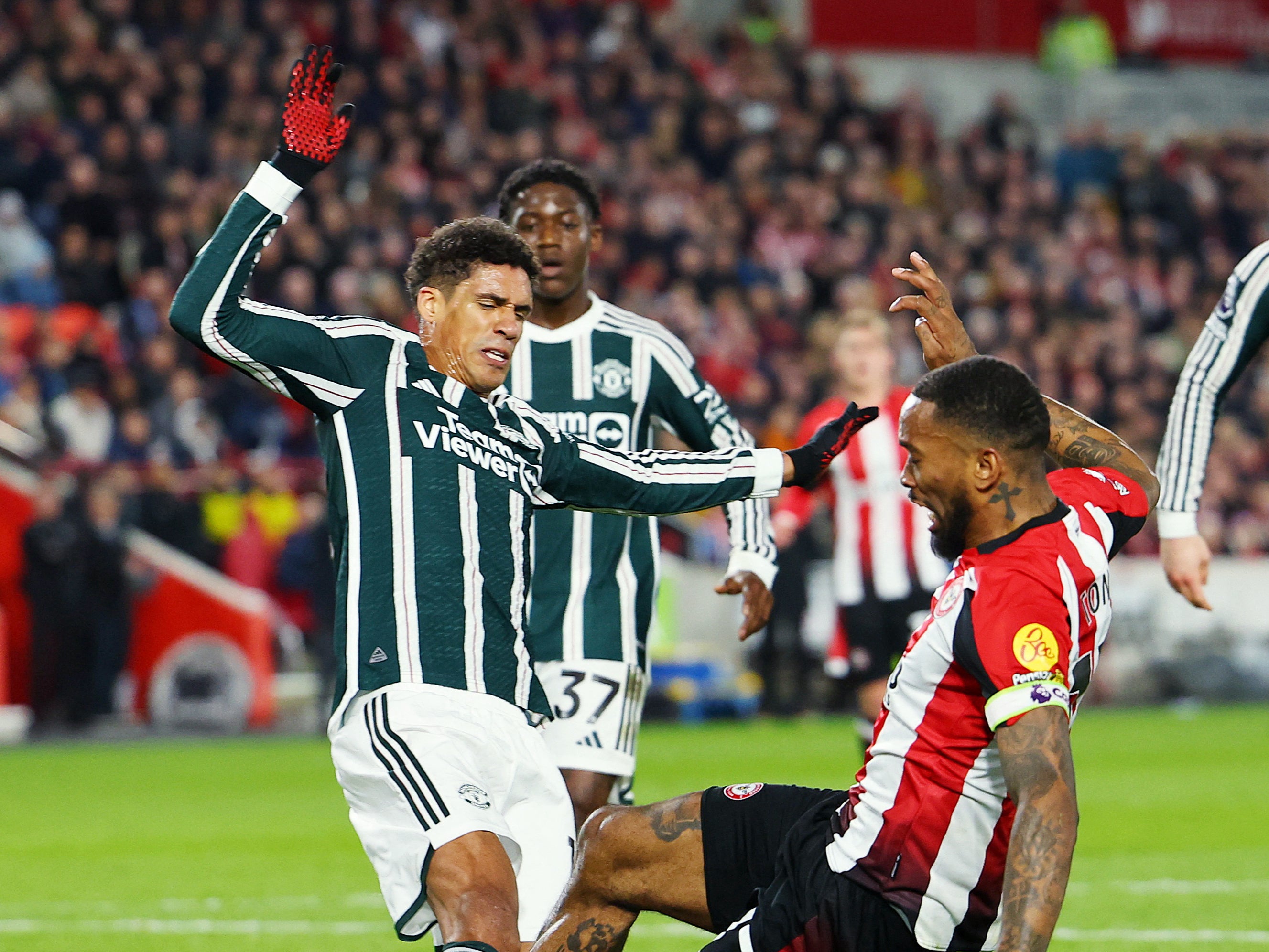 Manchester United’s Raphael Varane in action with Brentford’s Ivan Toney