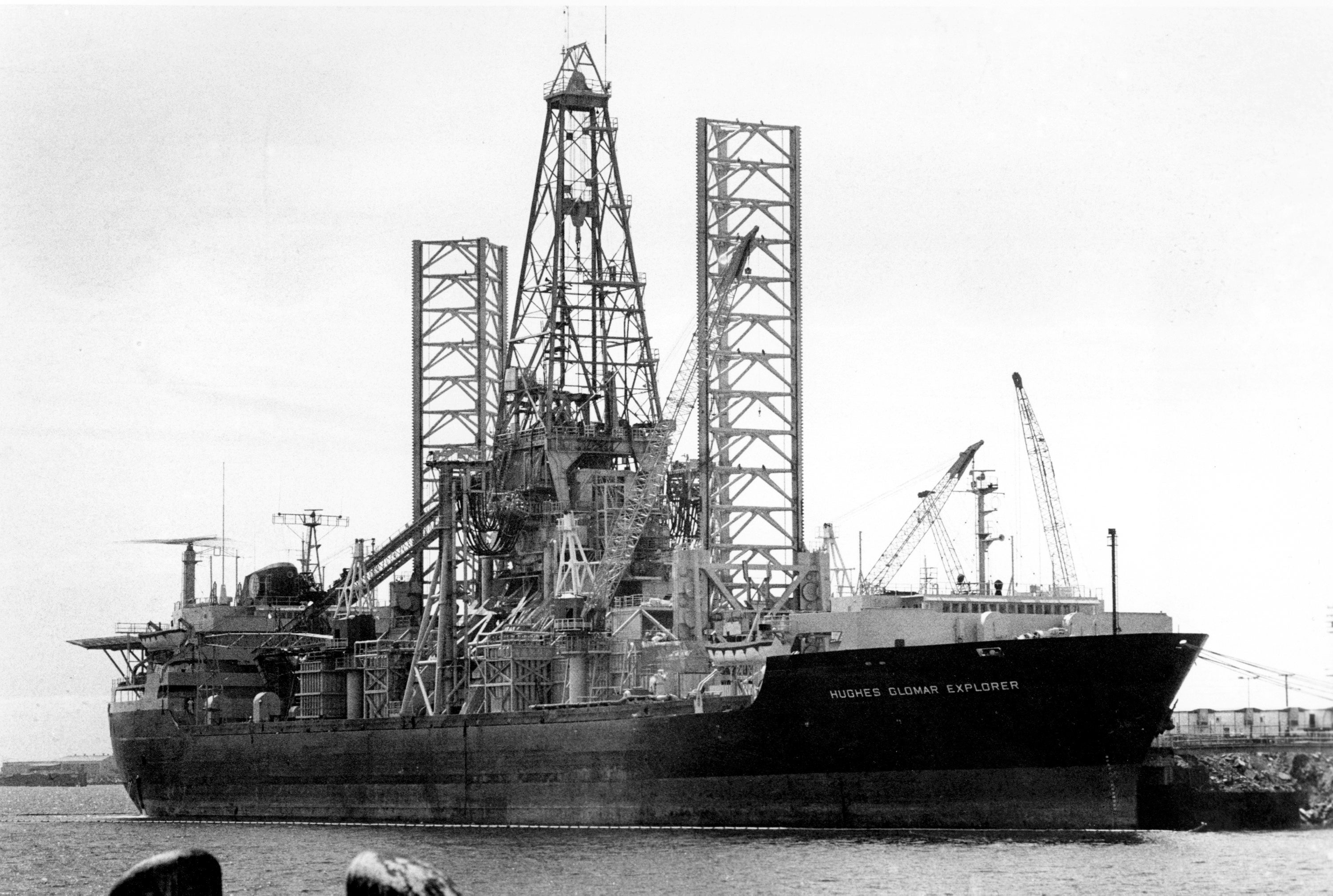 FILE - The Hughes Glomar Explorer, a 618-foot-long salvage ship built by Howard Hughes, sits at the Long Beach harbor