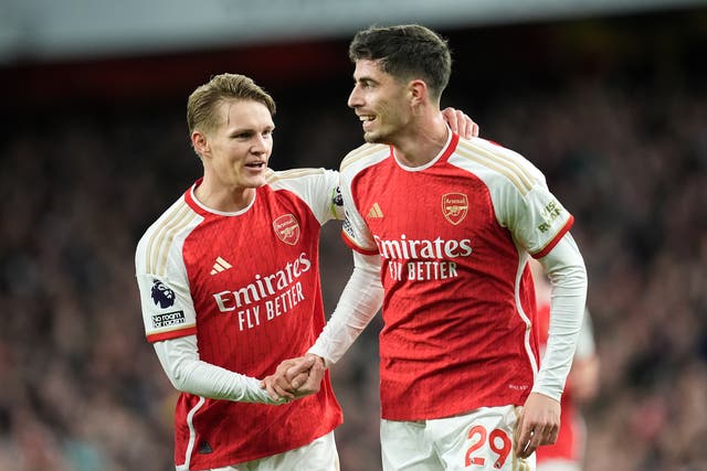 <p>Martin Odegaard, left, and Kai Havertz combined to score Arsenal’s first goal</p>