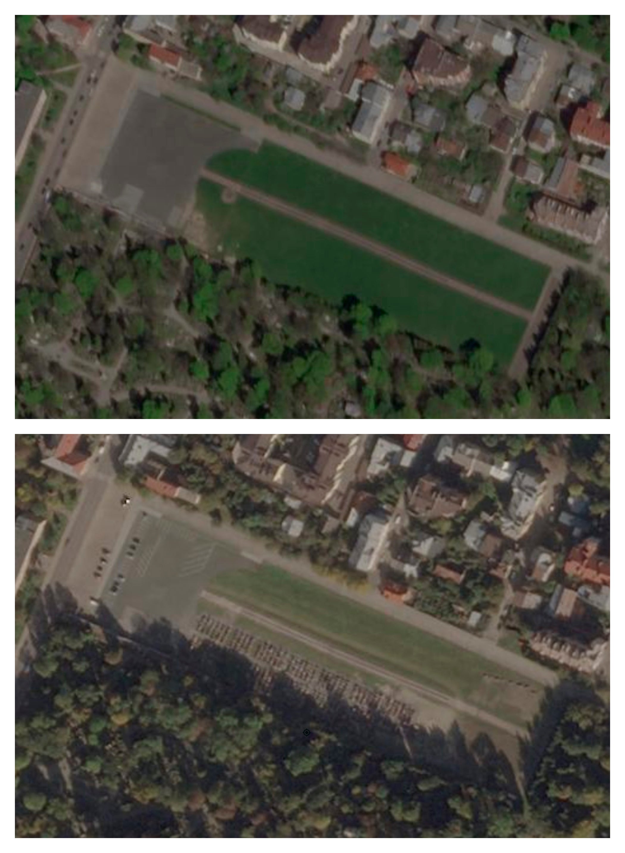 This combination of photos provided by Planet Labs shows the Field of Mars war memorial outside of Lviv, Ukraine on May 5, 2022, top, and with graves added, seen on Oct. 18, 2023. (Planet Labs via AP)