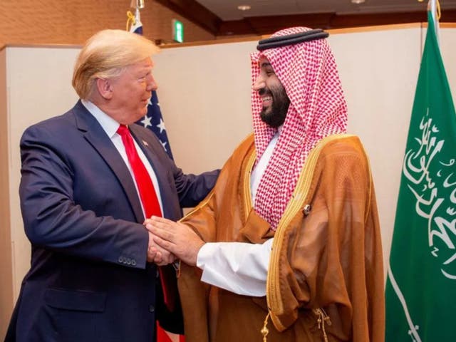 <p>Donald Trump and Saudi Arabia’s crown prince Mohammed bin Salman shaking hands at the G20 leaders summit in Osaka, Japan, in 2019</p>