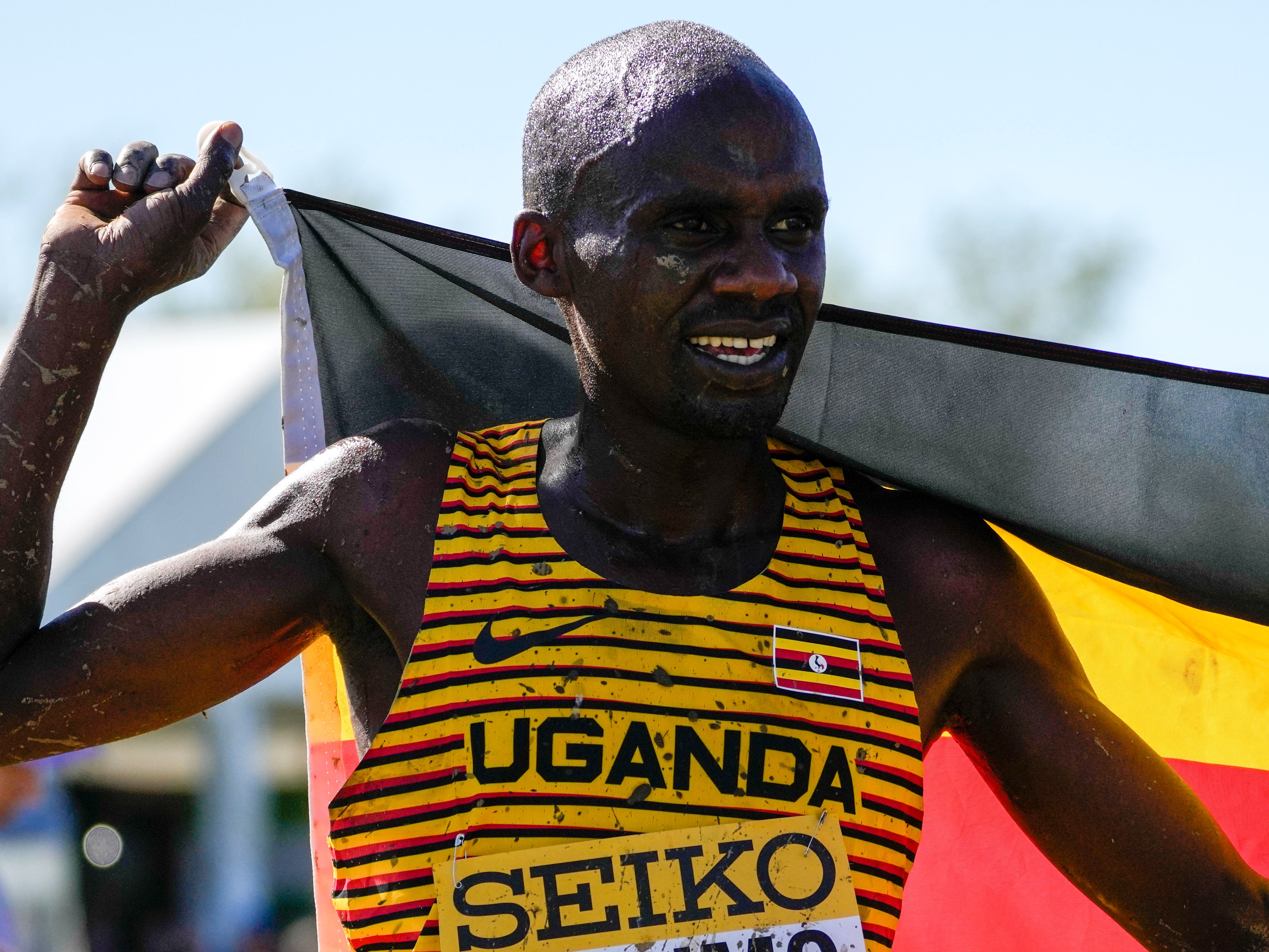 Jacob Kiplimo of Uganda celebrates as he won the men's senior race during the World Athletics Cross Country Championships in Belgrade, Serbia