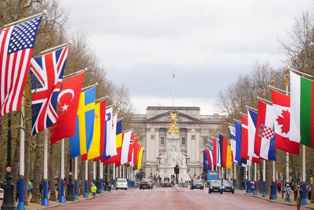 The national flags of Nato member countries hang in The Mall in London, in celebration of the 75th anniversary of the North Atlantic Treaty Organisation (Victoria Jones/PA)