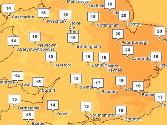 Parts of England, including Norwich, Cambridge and Hull, will see temperatures as high as 20C