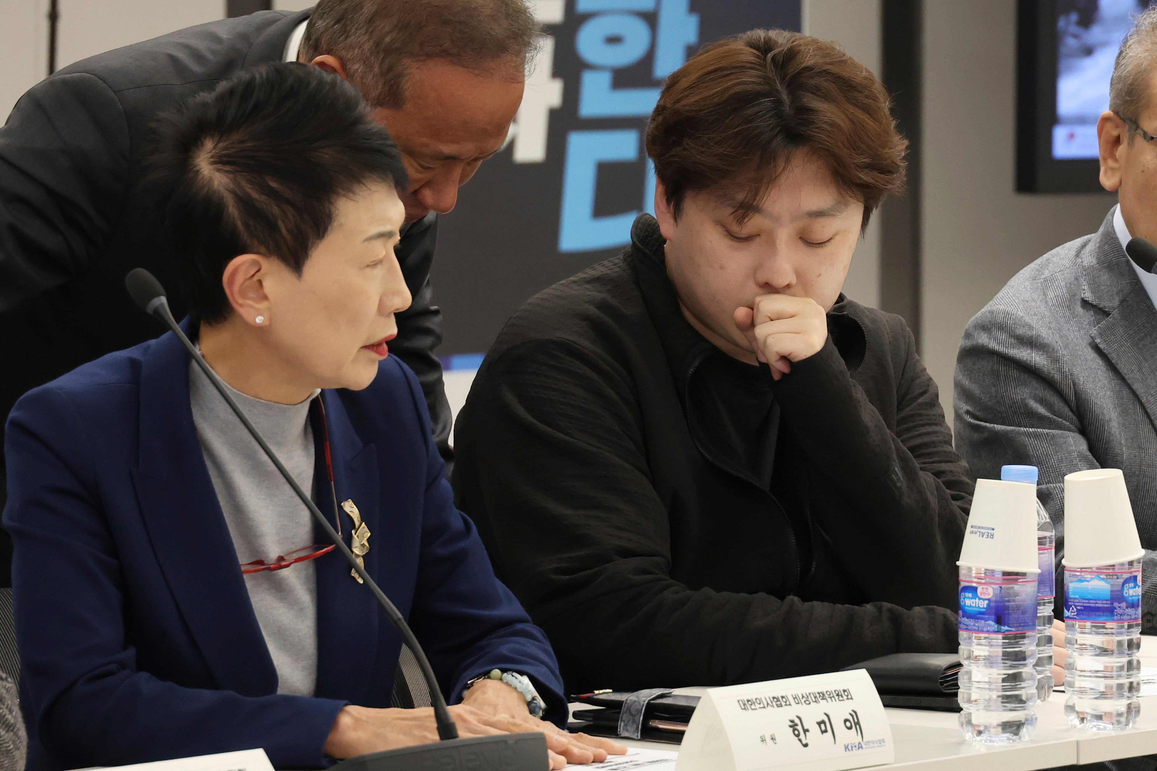 Park Dan, head of an emergency committee at the Korean Intern Resident Association, centre right, is seen during a meeting at the Korean Medical Association in Seoul, South Korea, 31 March 2024