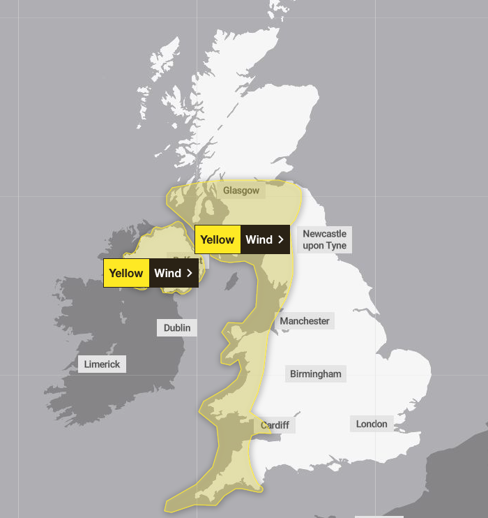 The Met Office warning for Saturday covers the west of the UK