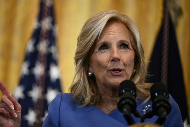 <p>Jill Biden speaks during a reception honoring Women's History Month on 18 March 2024</p>