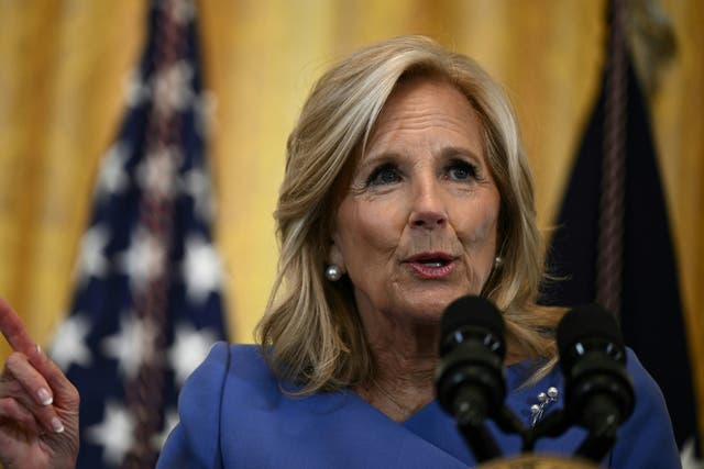 <p>Jill Biden speaks during a reception honoring Women's History Month on 18 March 2024</p>