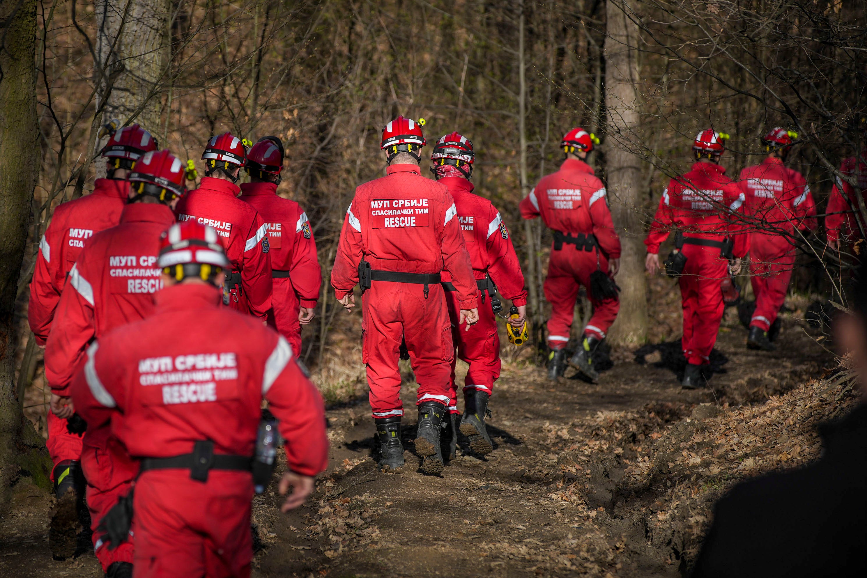 Serbian Police Rescue team search a forest near Bor