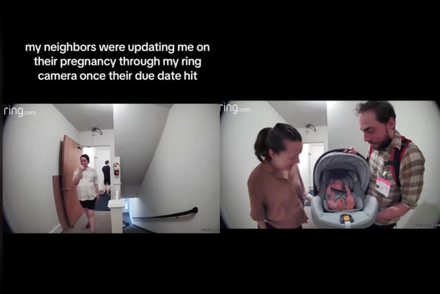 <p> Couple sweetly documents their pregnancy to neighbour through Ring camera</p>