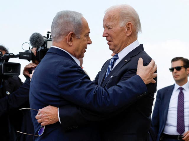 <p> U.S. President Joe Biden is welcomed by Israeli Prime Minster Benjamin Netanyahu, as he visits Israel amid the ongoing conflict between Israel and Hamas, in Tel Aviv, Israel, October 18, 2023. </p>