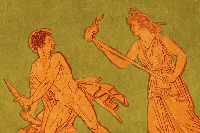 <p>Hell hath no fury: Orestes is fought by one of the Furies of Greek mythology, in a relief found on an ancient Greek vase</p>