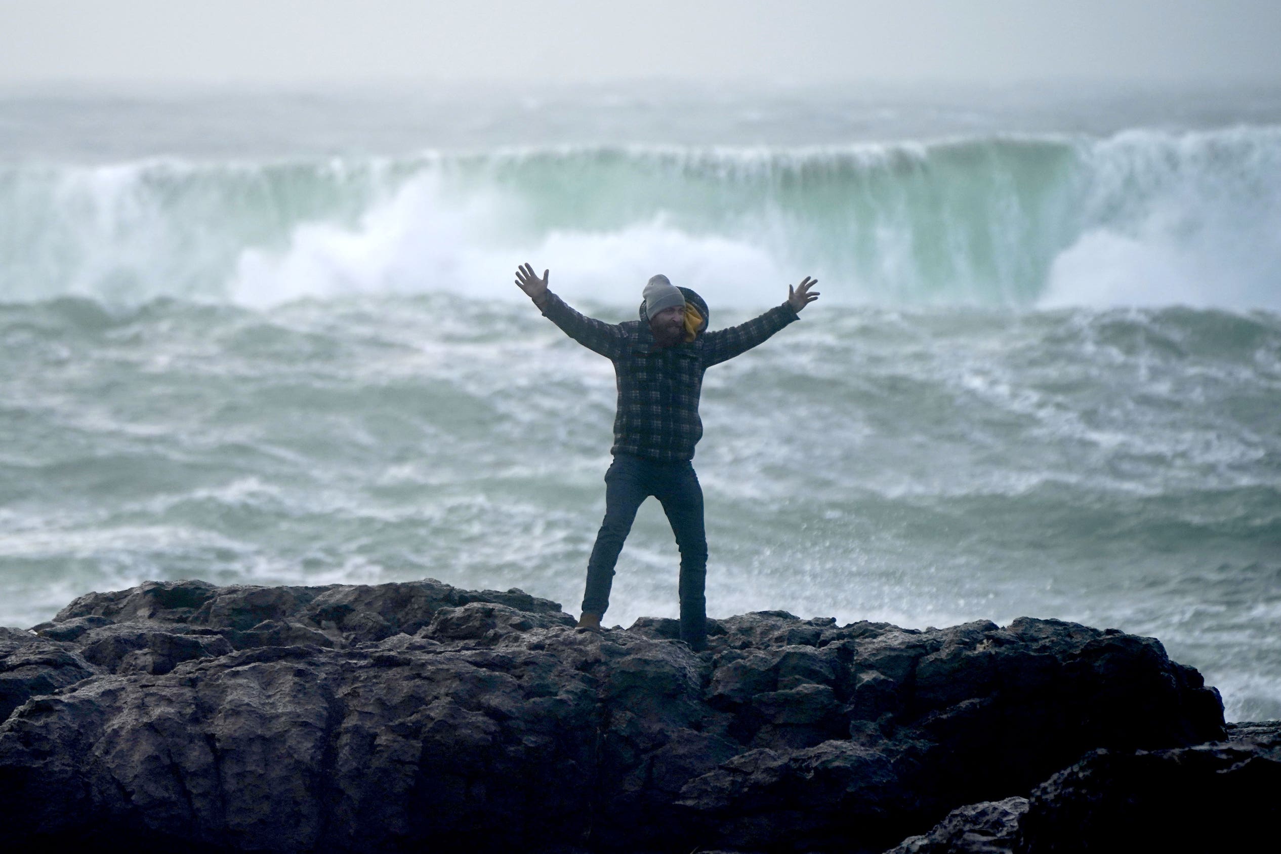 The Burren, near Black Head lighthouse, Co Clare, Republic of Ireland as Storm Jocelyn hit in January