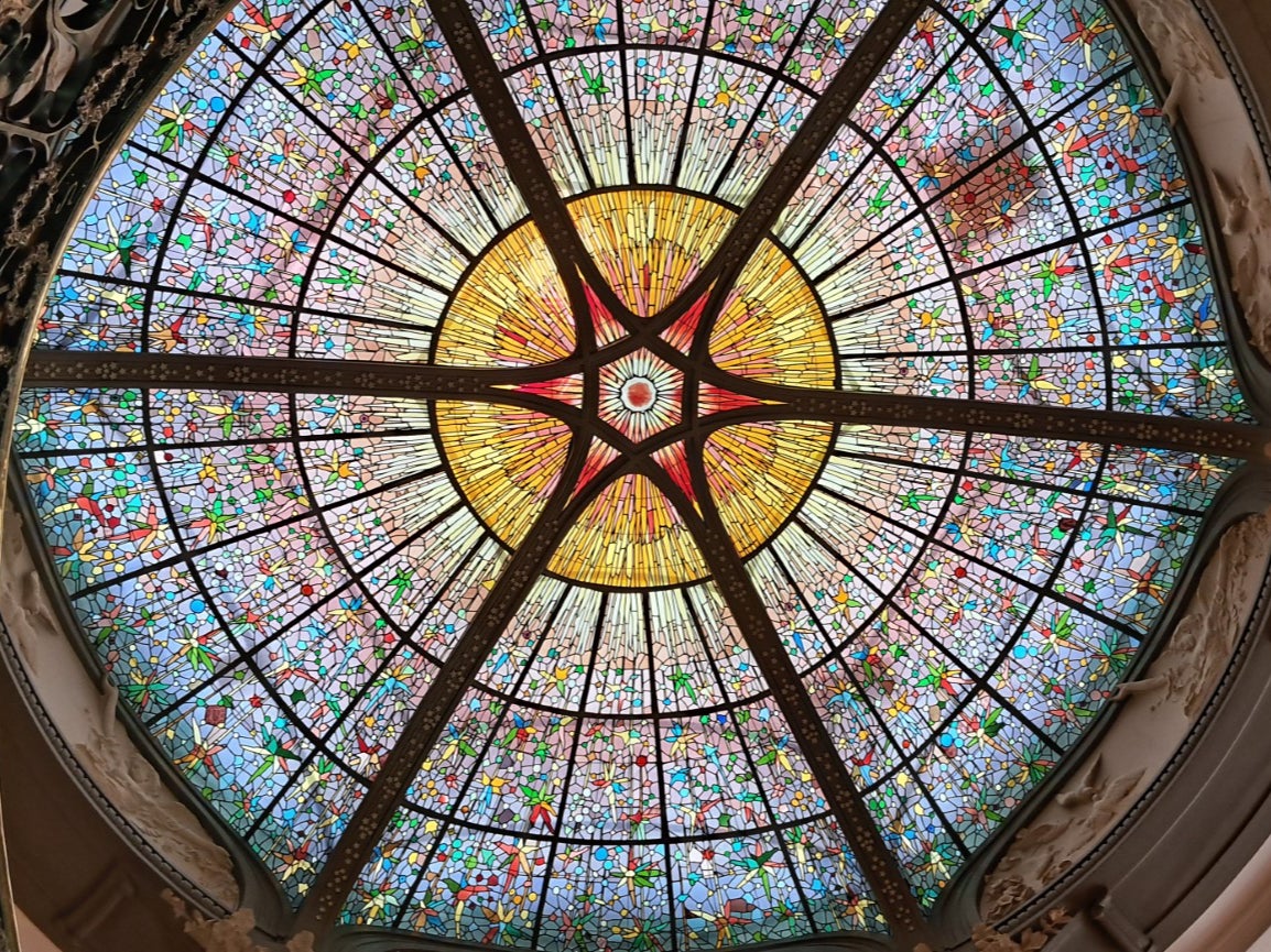 The ornate skylight at Palacio Longoria, the Art Nouveau headquarters of Madrid's Society of Authors and Editors