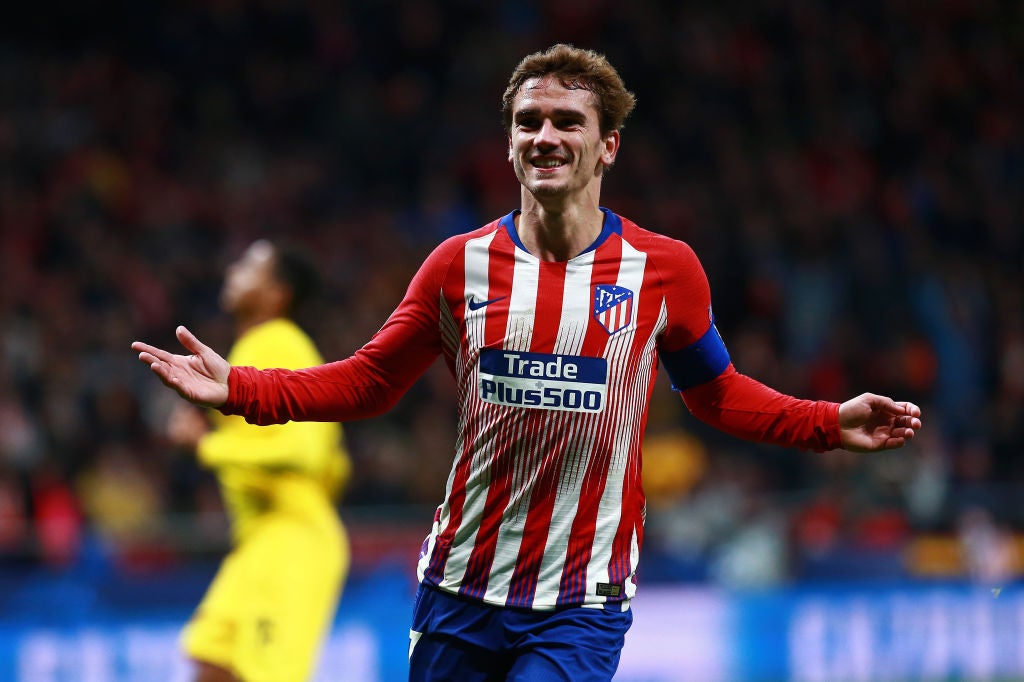 Antoine Griezmann of Atletico Madrid celebrates scoring against Borussia Dortmund in the 2018-19 Champions League group stages