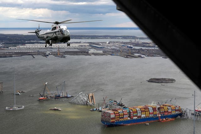 <p>President Joe Biden, aboard Marine One, takes an aerial tour of the collapsed Francis Scott Key Bridge in Baltimore, Friday, April 5, 2024, as seen from an accompanying aircraft.</p>