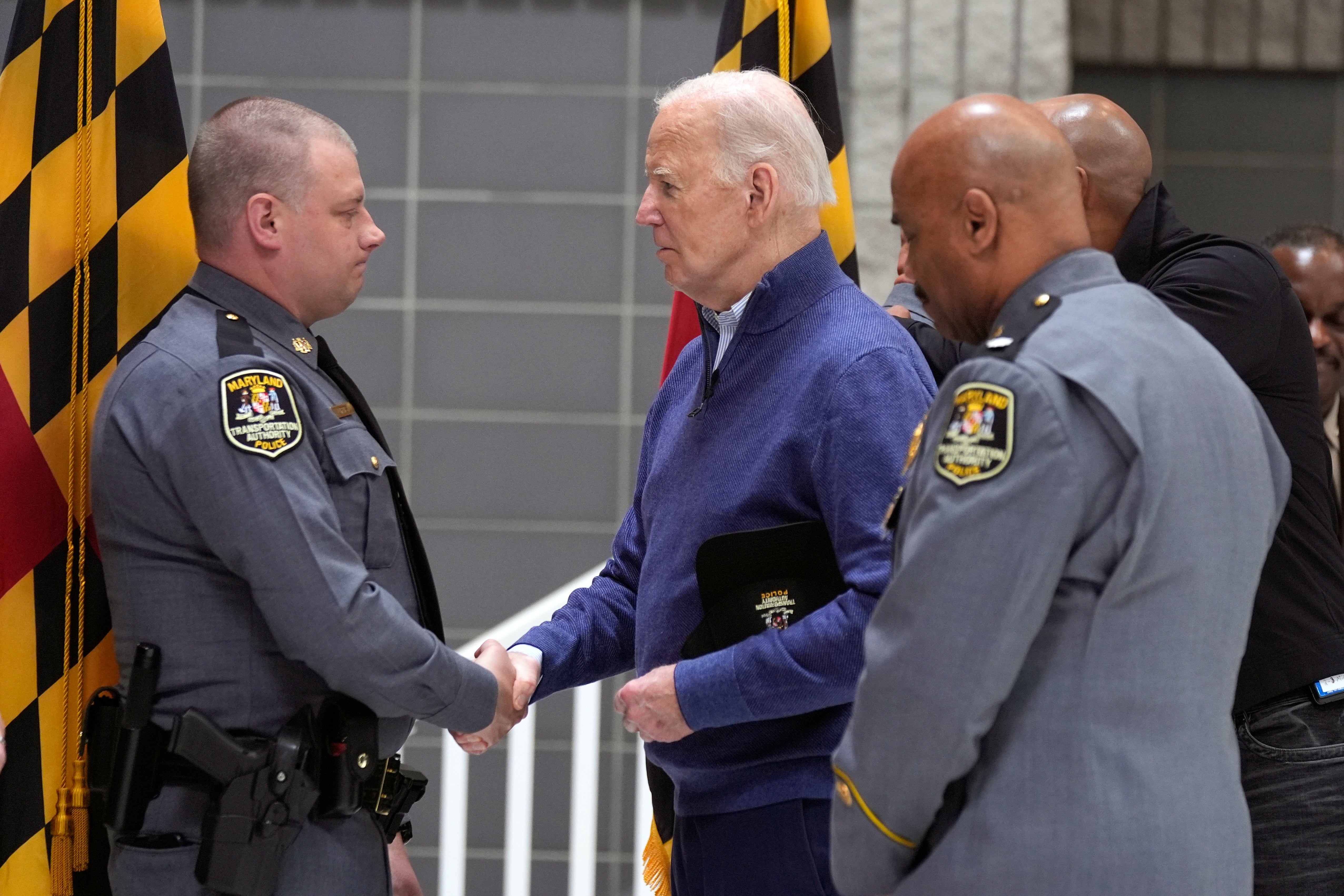 President Joe Biden thanks first responders for their efforts during the collapse of the Francis Scott Key Bridge, Friday, April 5, 2024 in Dundalk, Md.