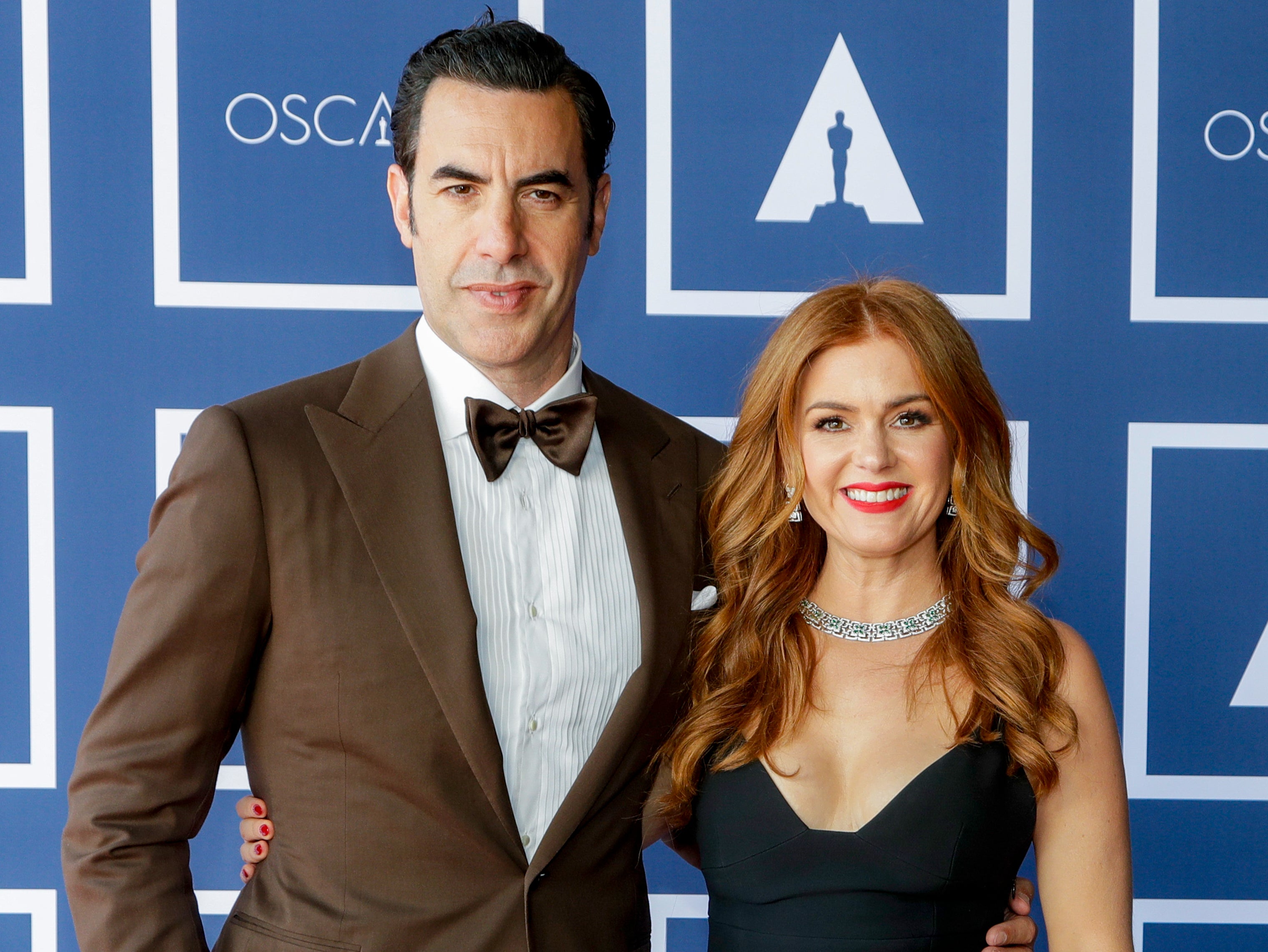 <p>Sacha Baron Cohen and Isla Fisher attend a screening of the Oscars on Monday, 26 April 2021 in Sydney, Australia. </p>